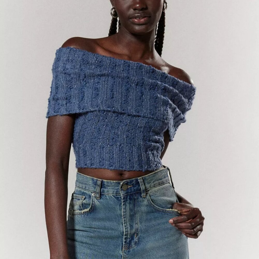 NWT UO Silence + Noise Starlett Foldover Blue Off the Shoulder Sweater